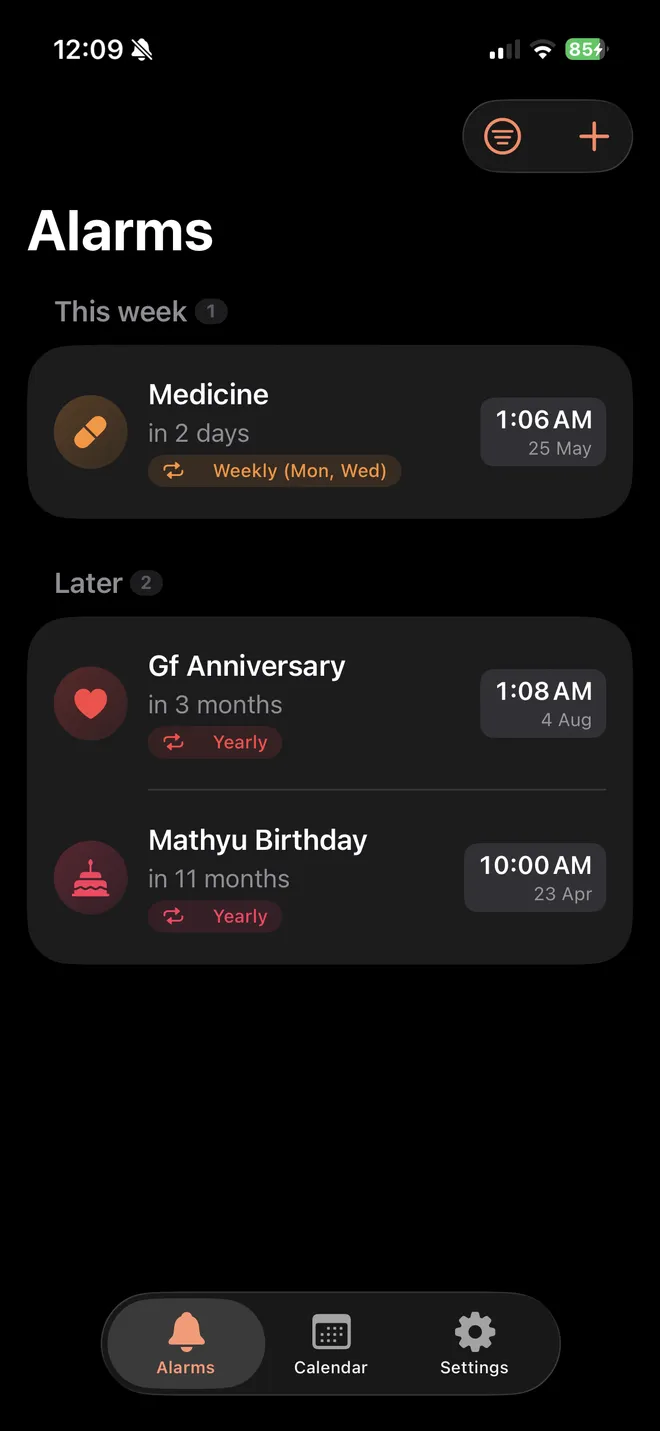 Calarm — alarms screen